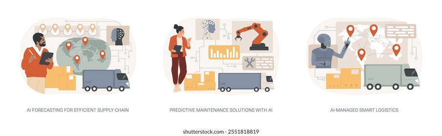 AI no conjunto de ilustrações de vetor de conceito abstrato do Supply Chain Management. AI Forecasting for Efficient Supply Chain, Predictive Maintenance Solutions, AI-Managed Smart Logistics abstract metaphor.