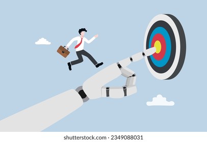 AI support to achieve goal, artificial intelligence assistant, automation innovation to guide humans in their work concept, The robotic hand pointing direction to businessman to run towards target.