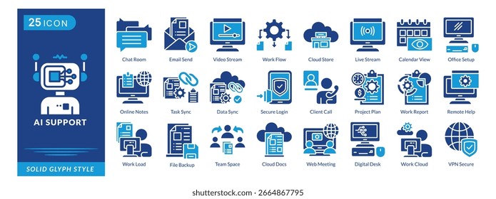 Un paquete de iconos contiene espacio de equipo, documentos en la nube, reunión de Web, escritorio digital, nube de trabajo, VPN segura, copia de seguridad de archivos, flujo de trabajo, almacenamiento en la nube, colección de conjunto de iconos de Asistencia de IA en estilo de glifo sólido