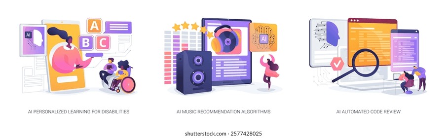 AI Supporting Education and Creativity abstract concept vector illustration set. Adaptive learning for disabilities, custom AI playlists, and AI assisted code review for developers abstract metaphor.