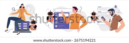 AI survey and review form. Characters fill questionnaire, analyze answers, leave feedback with artificial intelligence support. Vector Illustration
