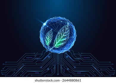 AI for sustainability and green innovation. Digital leaves in a glowing globe above circuit board. Concept of eco-friendly tech and artificial intelligence for global development. Vector illustration.