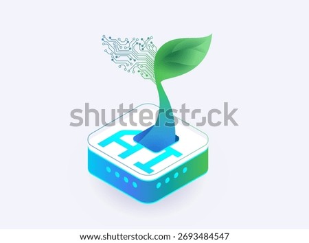 AI for Sustainability - Green Technology Concept Illustration. Modern vector showing a green plant with circuit board elements growing from digital platform, symbol of eco innovation, renewable energy