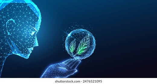 AI for Sustainable Development goals futuristic concept with humanoid head looking at his hand holding sphere with green leaves on dark blue background. Glowing low polygonal style vector illustration