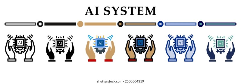 Ai system icons set. 6 Various styles. For sign, symbol, element, presentation, infographic or web graphics. Vector Illustration.