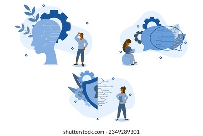 AI system illustration set. characters are looking at Artificial Intelligence system including thought, security, and auto chat system. AI working concept. vector illustration.