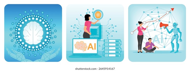 AI system to process and work with humans. A brain icon, laptop,and circuit board, conveying innovation. Technological integration and progress. Embrace AI, Artificial Intelligence adoption concept.