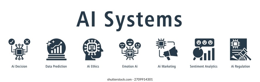 AI Systems web banner icon vector illustration concept with icon of ai decision, data prediction, ai ethics, ai marketing, and sentiment analytics