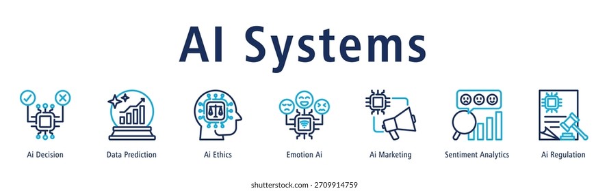 AI Systems web banner icon vector illustration concept with icon of ai decision, data prediction, ai ethics, ai marketing, sentiment analytics