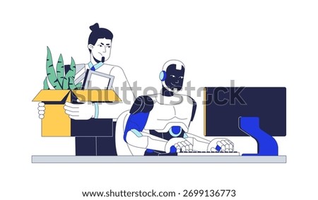 AI takeover 2D illustration concept. Job displacement. Artificial intelligence workforce. Robot replaces human employee in workplace cartoon characters isolated on white. Flat abstract vector metaphor