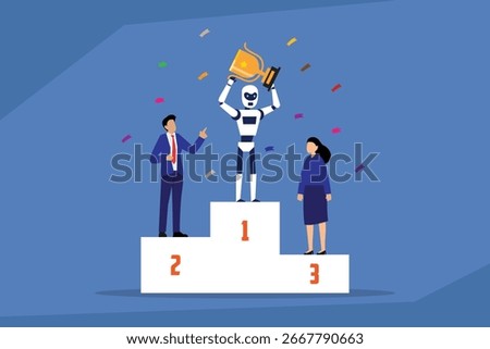 AI Takes the Gold: An Artificial Intelligence Robot Wins First Place on a Podium, Holding a Trophy Above a Man and a Woman in Second and Third Place 2d flat vector illustration