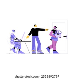 AI Taking Jobs With Robot Working At Desk While Manager Directs Female Employee To Exit. Flat Vector Illustration about Workplace Automation, Job Displacement, Isolated On White Background