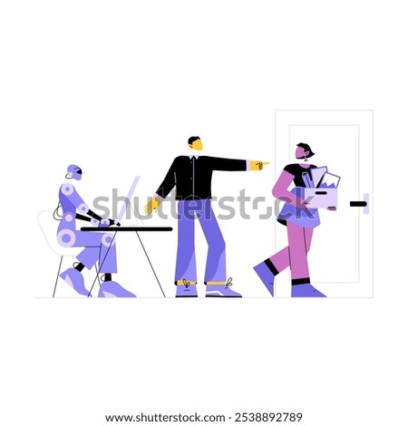 AI Taking Jobs With Robot Working At Desk While Manager Directs Female Employee To Exit. Flat Vector Illustration about Workplace Automation, Job Displacement, Isolated On White Background