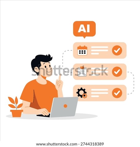 AI Task Automation Concept – Man Managing Schedule and Checklist with Artificial Intelligence Tools, Workflow Planning and Productivity, Minimal Flat Vector Illustration