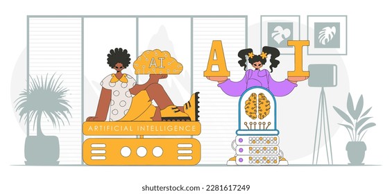 AI team of a guy and a girl, ontrend style, vector graphic.