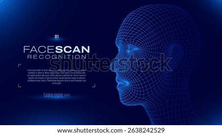 AI Tech. Artificial Intelligence in 3D Wireframe Human Head Concept. Blue Abstract Digital Cyberpunk Human Face. Robotics Concept. Facial Recognition Technology Vector Illustration.