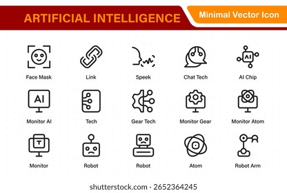 Ai tech and artificial intelligence icon set vector collection. AI Essentials line Icon collection, artificial intelligence icon set in line style, machine learning, smart robotic Free Vector