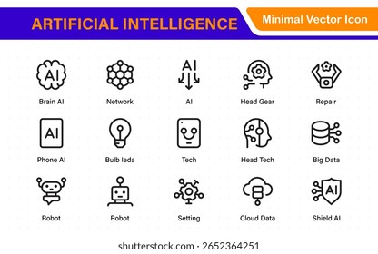 Ai tech and artificial intelligence icon set vector collection. AI Essentials line Icon collection, artificial intelligence icon set in line style, machine learning, smart robotic Free Vector