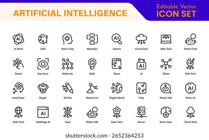 Ai tech and artificial intelligence icon set vector collection. AI Essentials line Icon collection, artificial intelligence icon set in line style, machine learning, smart robotic Free Vector