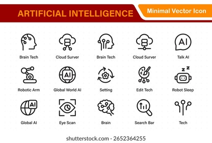 Ai tech and artificial intelligence icon set vector collection. AI Essentials line Icon collection, artificial intelligence icon set in line style, machine learning, smart robotic Free Vector