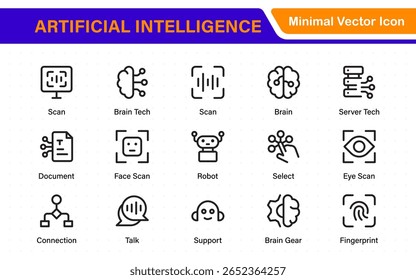 Ai tech and artificial intelligence icon set vector collection. AI Essentials line Icon collection, artificial intelligence icon set in line style, machine learning, smart robotic Free Vector