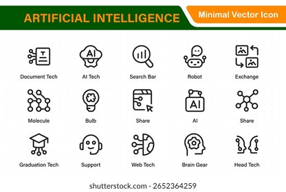 Ai tech and artificial intelligence icon set vector collection. AI Essentials line Icon collection, artificial intelligence icon set in line style, machine learning, smart robotic Free Vector