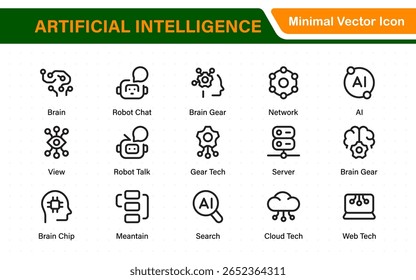 Ai tech and artificial intelligence icon set vector collection. AI Essentials line Icon collection, artificial intelligence icon set in line style, machine learning, smart robotic Free Vector
