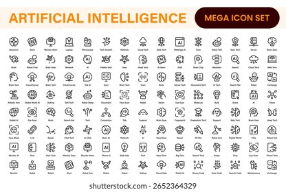 Ai tech and artificial intelligence icon set vector collection. AI Essentials line Icon collection, artificial intelligence icon set in line style, machine learning, smart robotic Free Vector