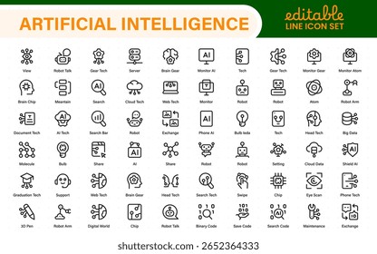 Ai tech and artificial intelligence icon set vector collection. AI Essentials line Icon collection, artificial intelligence icon set in line style, machine learning, smart robotic Free Vector