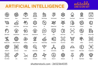 Ai tech and artificial intelligence icon set vector collection. AI Essentials line Icon collection, artificial intelligence icon set in line style, machine learning, smart robotic Free Vector