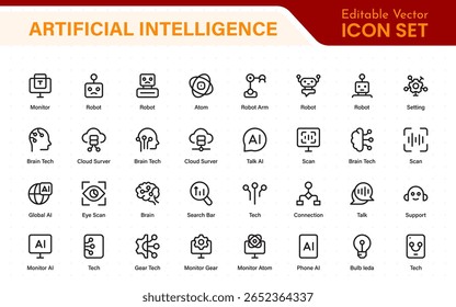 Ai tech and artificial intelligence icon set vector collection. AI Essentials line Icon collection, artificial intelligence icon set in line style, machine learning, smart robotic Free Vector