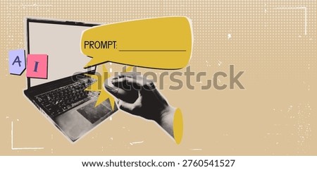 Ai tech collage poster with halftone texture, laptop, hand with mouse and prompt frame bar, abstract vector background. Retro art design, artificial intelligence contemporary concept, vintage backdrop
