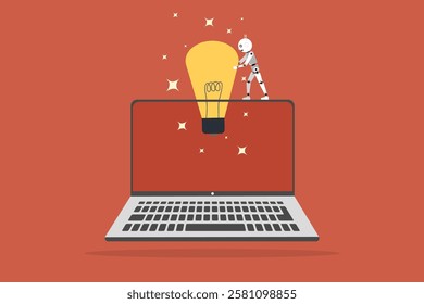 Ai tech concept, idea out from laptop. AI hold lightbulb Global Internet. New idea business growth with creative power