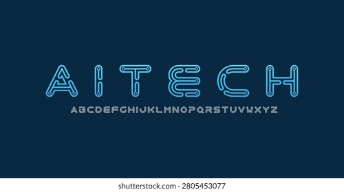 AI tech futuristic vector font. Digital alphabet with circuit line and nodes for cyber technology, gaming, and sci-fi logo design