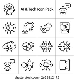 AI and tech icon pack featuring futuristic symbols machine learning robotics data and innovation elements