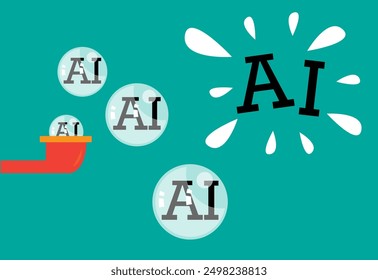 AI Tech Investment and industry as a floating bubble metaphor that bursts. Editable Clip Art.