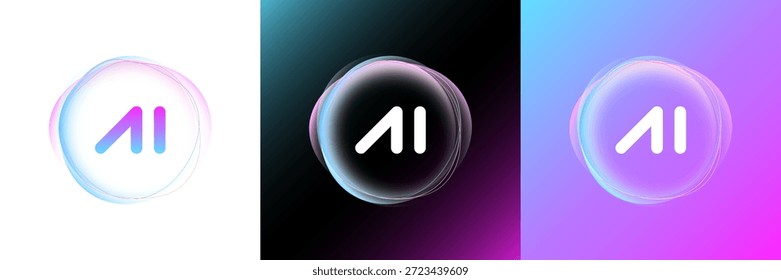 Logotipo de la tecnología de la IA con el círculo digital abstracto y la esfera brillante. Líneas degradadas y energía de neón. Botón de interfaz de usuario cibernética y sistema de tecnología virtual de análisis de negocios de automatización. Símbolo de diseño moderno futuro