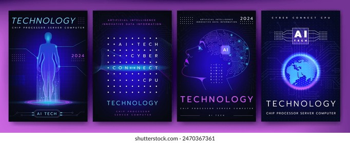 AI tech poster. Artificial intelligence future technology. Digital data. Innovate information. Cyber connect. Human cyborg body. Head with chip processor. CPU glow. Computer server. Vector banner set