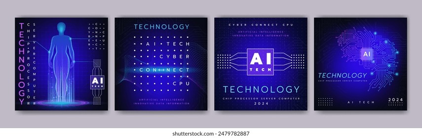 Afiche de tecnología de IA. Tecnología futura de procesador de chips. Inteligencia artificial, semiconductor. Microchip de datos innovador. Resplandor de CPU. Servidor del equipo. Entrenamiento de educación del cerebro cibernético. Conjunto de volantes de diseño de Vector