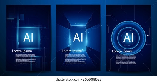 AI tech poster set, AI processing chip futuristic digital wallpaper for business presentations or tech event poster EPS 10