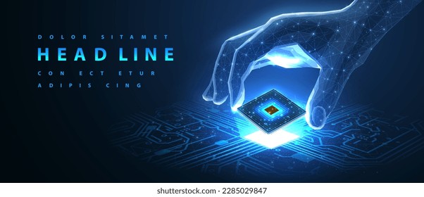 AI tech. Processor in digital hand on circuit board. Artificial intelligence, Semiconductor manufacturing, Computer chip, Artificial data, Processor technology, PCB manufacturing, Quantum computing