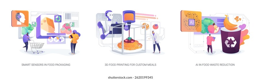 AI and Tech Revolutionizing Food Sustainability abstract concept vector illustration set. Smart sensors for freshness, 3D-printed nutrient-rich meals, and AI-driven waste reduction. abstract metaphor.