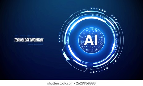 Semicondutor de tecnologia de IA. Abstrato neon relâmpago portal círculo com AI chip quântico em um centro. Elemento de design de HUD futurista. conceito de inovação de inteligência artificial. Ilustração vetorial digital.