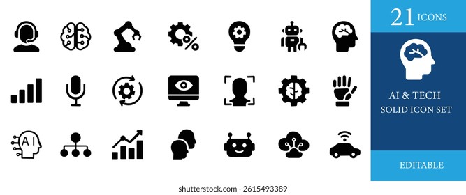 AI and Tech solid icon set featuring 21 modern black vector icons. Includes AI brain, chatbot, robotics, automation, voice recognition and data analytics. Perfect for apps, websites, or infographics.