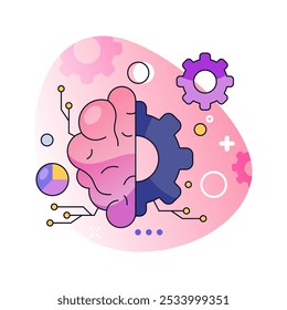 AI technologies advancement and development. Vector isolated brain and setting gear, artificial intelligence with ability for critical thinking, creativity and problems solutions, analysis of data