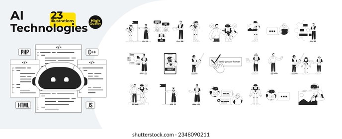 AI technologies bw concept vector spot illustrations bundle. Automation. People and robot 2D cartoon flat line monochromatic characters for web UI design. Editable hero image collection