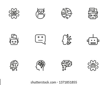 AI technologies line icon set. Circuit board, chat algorithm, cyber brain. Artificial intelligence concept. Can be used for topics like robotic science, machine learning, automation