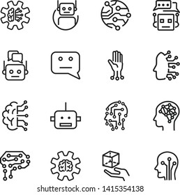 AI technologies line icon set. Brain, bot, algorithm, circuit board. Artificial intelligence concept. Can be used for topics like science, robotics, machine learning