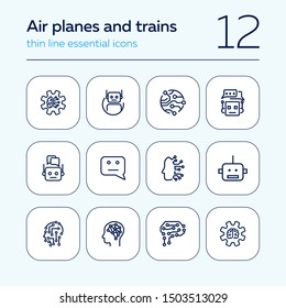 AI technologies line icon set. Circuit board, chat algorithm, cyber brain. Artificial intelligence concept. Can be used for topics like robotic science, machine learning, automation