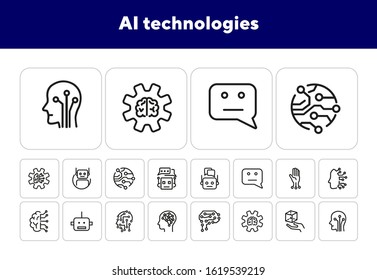 AI technologies line icon set. Brain, bot, algorithm, circuit board. Artificial intelligence concept. Can be used for topics like science, robotics, machine learning